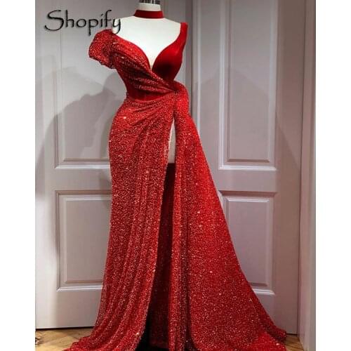 Long Red Evening Dress 2020 Luxury High Slit V-neck Sleeveless Sequin African Women Formal Evening Gowns