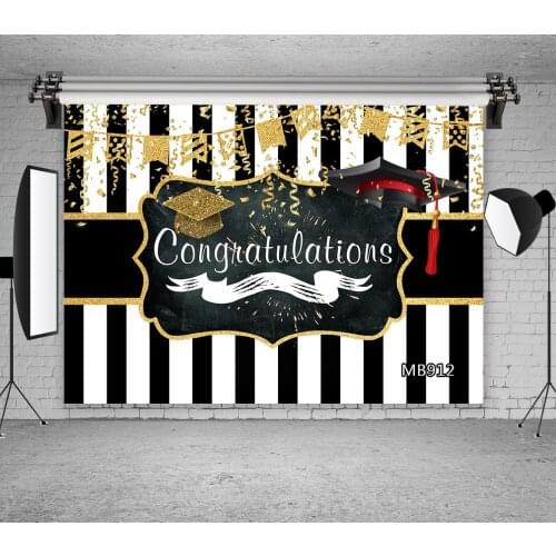 Graduated Photo Background Golden Black Graduation Cap Black White Stripes Photography Backdrop Graduation Party Decor Photocall
