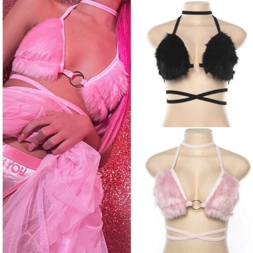 Hirigin Sexy Lingerie Women Fur Bra Pink Color Ladies Bralette Halter Ring Backless Crop Top Ladies Underwear