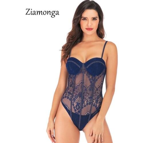 Ziamonga Women Sexy Black White Sheer Lace Mesh Patchwork Bodysuits Push Up Hammock Skinny Langerie Body Suit Para Mulheres