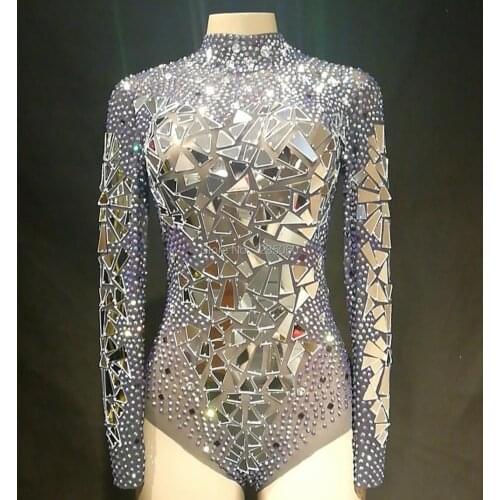 Sexy Transparent Net Costume Stage Dance Wear Mirrors Stones Mesh Bodysuit Leotard Dance Performance Costume