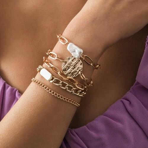 Hammered Metal Plate and Baroque Pearls Women`s Punk Chain Bracelets Set