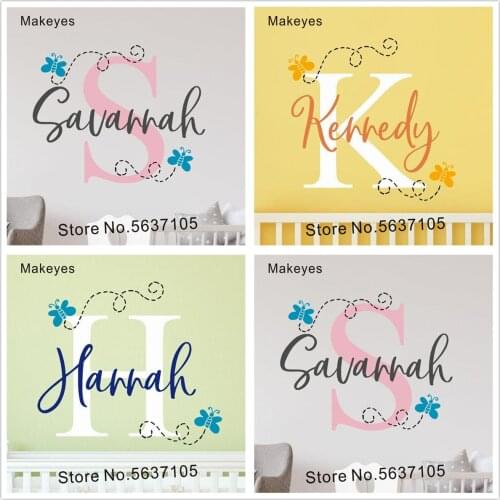 Makeyes Custom Names Wall Decals Girls Baby Room Wall Decor Vinyl Personalized Kids Name Wall Decoration Butterflies Decal Q585
