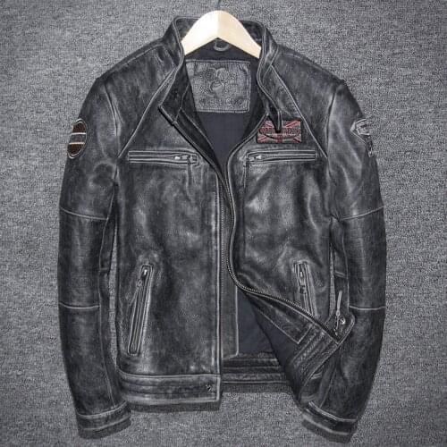 Vintage Distressed Mens Real Cowhide Leather Jacket, Motorcycle Genuine Leather Coat, Slim Short Leather Jacket, Plus Size
