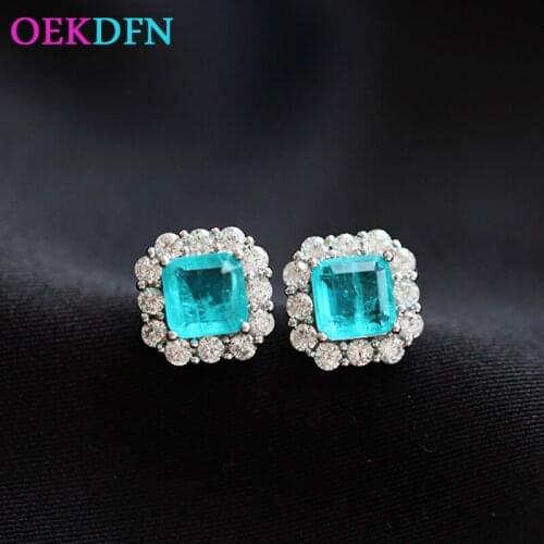 OEKDFN 100% 925 Sterling Silver Studs Paraiba Tourmaline Gemstone Party Ear Stud Earrings Fine Jewelry Wholesale Drop Shipping