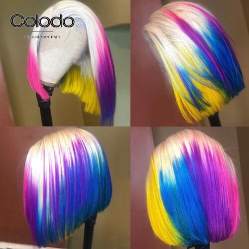 Transparent Lace Wigs Blue Pink Yellow Rainbow Wig Pre Plucked Bob Wig Lace Front Human Hair Wigs with Baby Hair COLODO