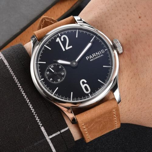 Parnis 44mm Mechanical Mens Watch ST3600 Hand Winding Movement Leather Band Round Case Male Wristwatch
