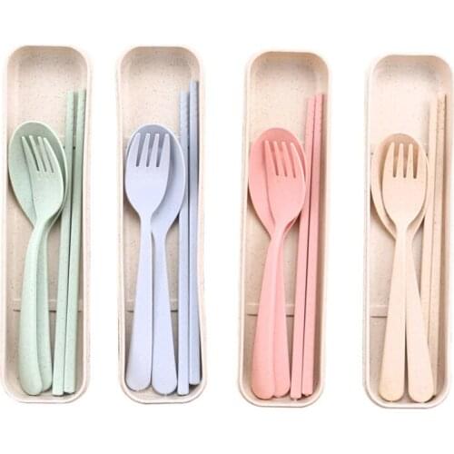 Portable Wheat Straw Tableware Eco-friendly Spoon Fork Chopsticks Set 4 Colors Reusable Travel Camping Cutlery Set LX9083