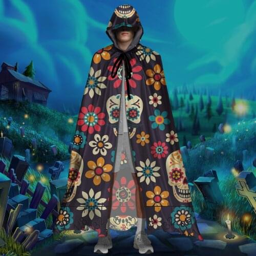 Sugar Skull Floral Pattern Halloween Christmas Hooded Cloak Unisex Full Length Vampire Witch Cosplay Costumes Hood Robes Capes