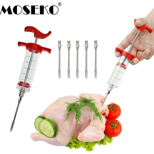 MOSEKO BBQ Meat Syringe Marinade Injector with 6 Stainless Steel Needles Turkey Chicken Syringe Sauce Injection Kitchen Tools