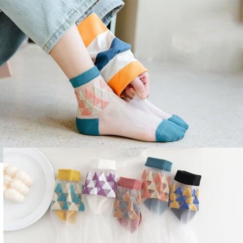 Spring Summer Thin Silk Cool Breathable Harajuku Fashion Gentle Woman Youth Outing Rhombus Pattern Pretty Girl Low Tube Socks