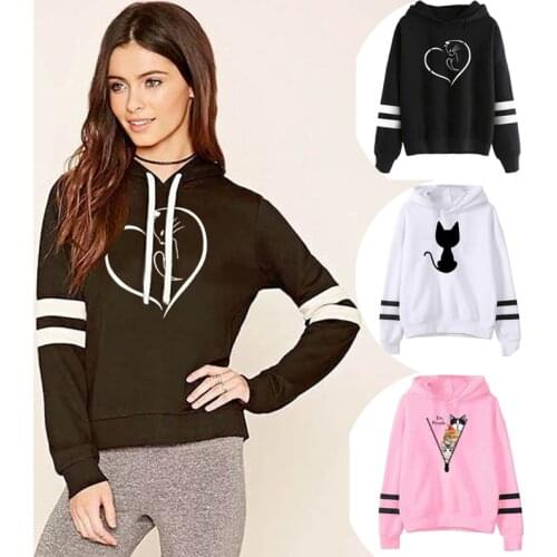 Spring Autumn Womens Hooded Sweatshirt Stripe Patchwork Multi Cute Cartoon Animal Cat Printing Casual Female Fleece Hoodie