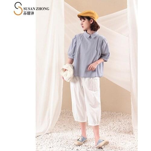 Women Shirts Feme Blouse Lady Top 2021 Spring Summer Natural Normcore Casual Cotton Turn-Down Collar Patchwork Pockets Vintage