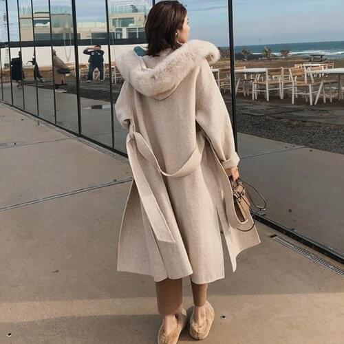 Hot Sale Cashmere Woolen Coat Sleeve Collar With Natural Real Fox Fur Casual Hooded Cardigan Women Cashmere Jacket Double-Sided