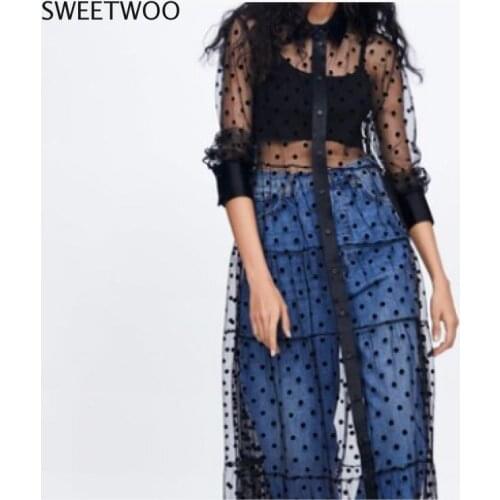 Fashion 2021 female polka dot tulle semi-sheer sexy dress female turn-down collar long sleeve a line long dress summer