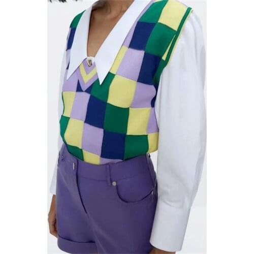 ZXQJ Women 2021 Fashion Oversized Multicolor Plaid Knitted vest Sweater Vintage V Neck Sleeveless Female Waistcoat Chic Tops