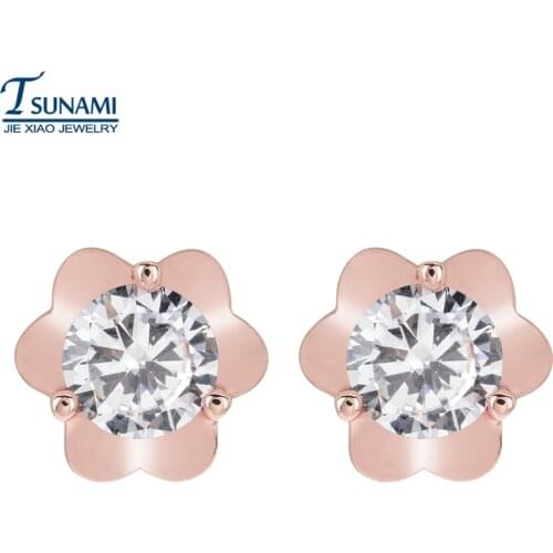 1Pair Cubic Zirconia Jewelry Rhinestone Flashing Stud Earrings Flower Shape Fashion korean Earrings Rose Gold