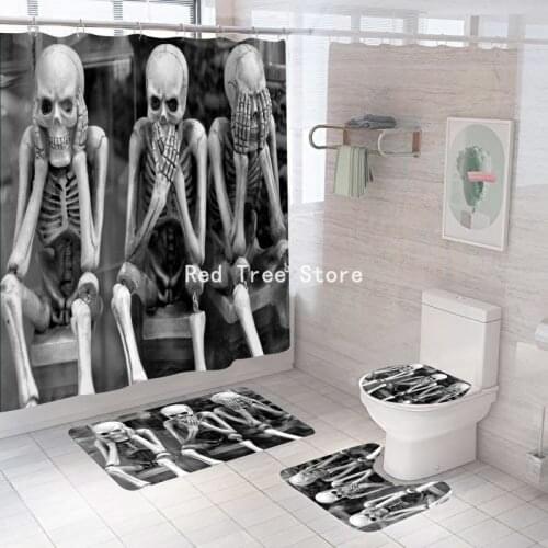 4 Pieces Home Luxury Shower Curtain Hooks Set Skull 3D Carpet Pedestal Rug Lid Toilet Cover Bath Mat Customized Bathroom Decor