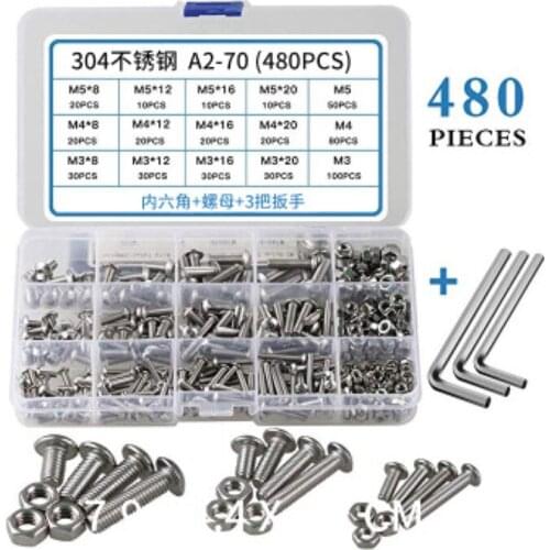 480PCS M3 M4 M5 Screw Set 304 Stainless Steel Round Head Hexagon Socket Screw With Nut Combination Set