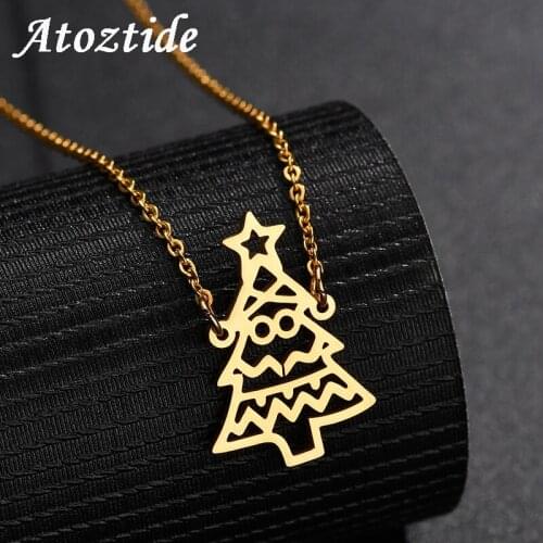 Atoztide Cute Hollow Star Christmas Tree Necklace For Women Stainless Steel Santa Claus Snowflake Snowman Kettiing