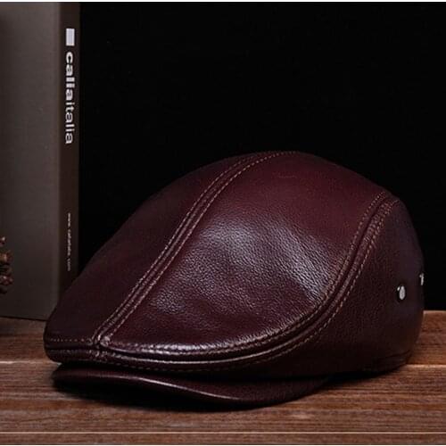 RY101 Men Genuine Leather Casual Warm Black/Brown Fitted Berets Hats Middle/Old Aged Boinas Para Hombres Forward Cap For Male