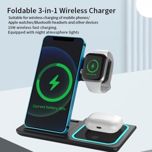 15W Qi Fast Wireless Charger Stand For iPhone 11 12 X 8 Apple Watch 4 in 1 Foldable Charging Dock Station for Airpods Pro iWatch