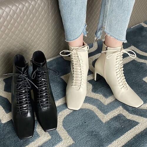 LAASIMI Martin Boots For Women Retro Square Toe Ankle Chelsea Boots Womens High Heel Solid Casual Shoes Woman Sewing Thin Heels