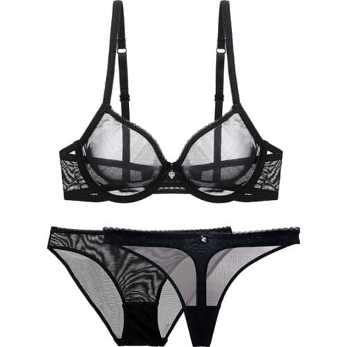 Large size big breasts bras sexy lace perspective elastic underwear comfortable see through briefs bra+panties+thong 3 pcs/pack