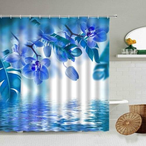 Flower Scenery Shower Curtain Orchid Green Plant Leaf Water Reflection Floral Art Home Bathroom Wall Decor Bath Screen Washable