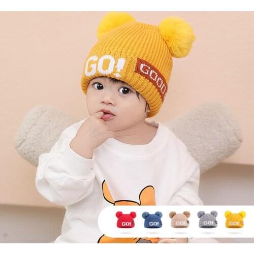 Autumn Winter Childrens Knitted Hats 2020 New Warm Letter Woolen Hat for 2 To 6 Years Old Baby Double Wool Ball Pullover Caps