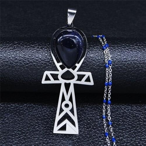 Egyptian Cross Stainless Steel Natural Stone Necklace Women Silver Color Charm Necklace Jewelry acier inoxydable bijoux NXS04