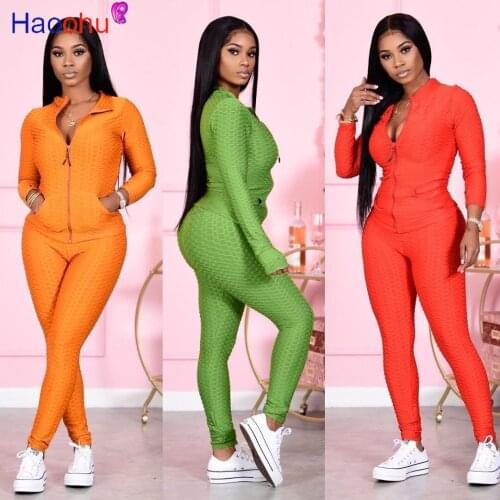 HAOOHU Sexy Two Piece Outfits Long Sleeve Pocket Top Fitness Joggers Pants Tracksuit Women Fall Winter Clothes Matching Sets