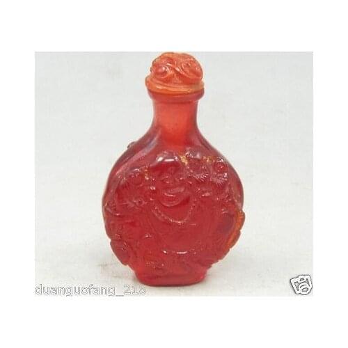 Elaborado chino Vintage hecho a mano resina tallada 5 niños y botella de rapé de Buda