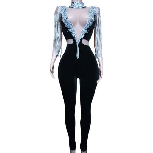 Silver Rhinestones Fringe Transparent Jumpsuit Black Velvet Stretch Leggings Dance Chains Shoulder Outfit Singer Wear Costume