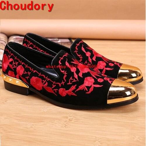 Mocassin homme red flower embroidered mens loafers flats velvet slippers leather shoes wedding dress gold dress shoes men