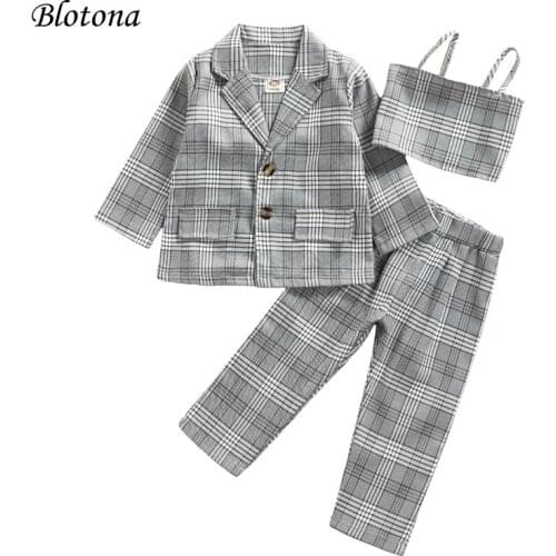 Blotona Kids Baby Girls Formal 3Pcs Outfits, Fashion Plaid Long Sleeve Coat+Stap Ruched Vest+ Trousers Spring Fall Clothes, 2-7Y