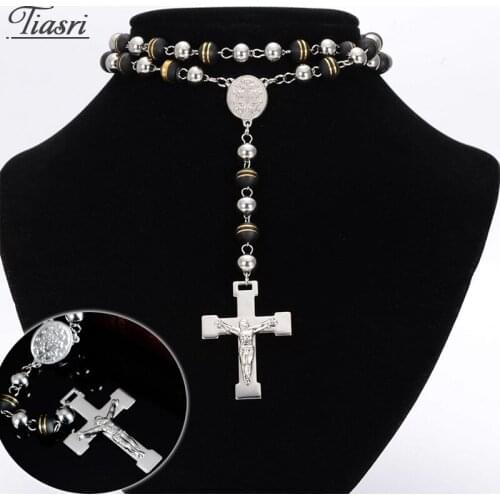 Tiasri Aesthetic Jesus Cross Pendant Necklace Sweater Beads Long Chain Stainless Steel Tail Collar Choker Friends Gift Wholesale