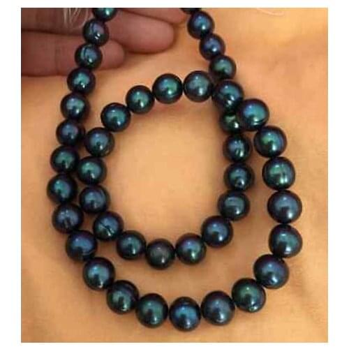 Stunning 9-10mm tahitian black green baroque pearl necklace 18inch 14k