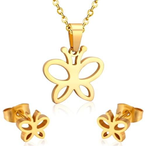 LUXUKISSKIDS Brand New Stainless Steel Butterfly Necklace Earring Wedding Bridal DubaiJewelry Sets For Fashion Women Accessories