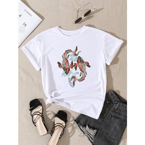 Japanese Two Totem Koi Printing Female t-Shirts Summer Oversized Clothing Fashion Style Tee Shirts Crewneck Casual Women Tshirt