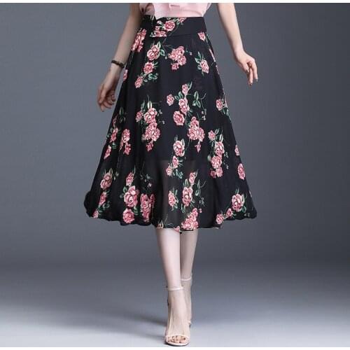Vintage Elegant A-line High Waisted Big Swing Skirt for Women Chiffon Floral Plus Size Casual Loose Mid-long Skirts Ladies 8252