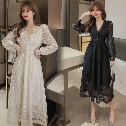2021 Spring Lace Long Dress Women One Piece Slim High Waist Hollow Out V Neck Birthday Party Dress A-Line Office Lady Vintage