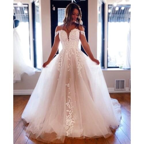 Retro Long V-Neck Off Shoulder Lace Wedding Dresses A-Line Corset Back Tulle Vestidos de Novia Abendkleid Bridal Gown for Women