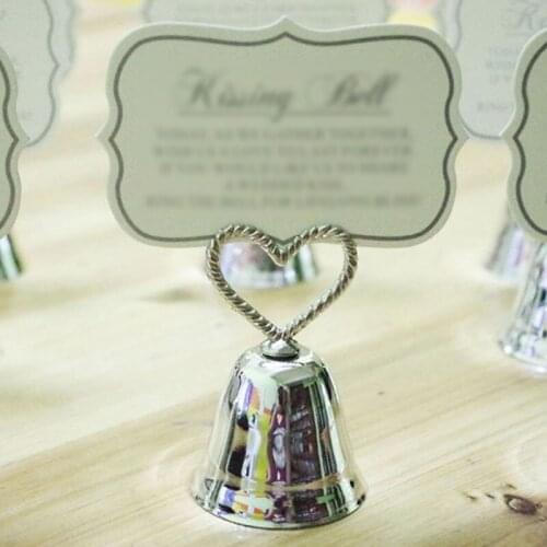 1Pcs Nice Gift Metal Alloy Christmas Party Favor Wedding Table Decoration Photo Holders Kissing Bell Card Holder Silver