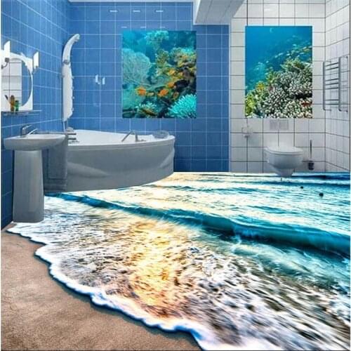 Beibehang Modern 3D floor painting mural Beach blue sea water ripples non-slip waterproof thickened self-adhesive PVC floor