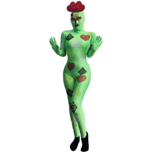 Nightclub Rave Outfits Halloween Party Funny Bodysuit Green Ghost Headcover Gogo DJ Show Stage Wear Cosplay Costume Set VDB2630
