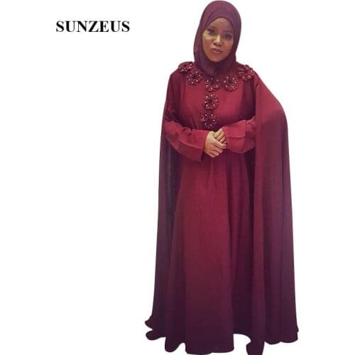 Burgundy Chiffon Muslim Evening Dress With Cape A-line Long Sleeves Formal Gowns With Flowers Women Party Dress