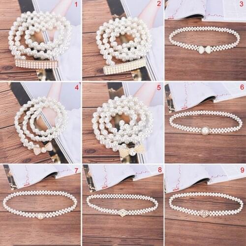 Elegant Women Pearl Crystal Belt Waist Flower Elastic Buckle Chain Cummerbunds Female Girls Dress Crystal Strap Waistband Gift