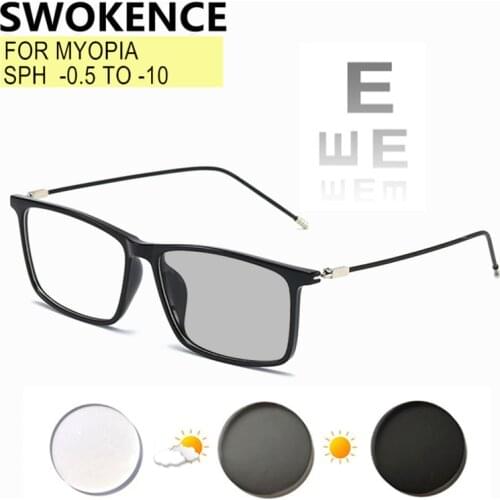 SWOKENCE Photochromic Anti Blue Ray Prescription Glasses Myopia -0.5 to -10 Women Men Shortsighted Astigmatism Upscale F216