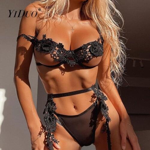 YiDuo Women Cut-Out Crochet Underwire Floral Embroidery Black Mesh Garter 3 Piece Lingerie Set Ladies Sexy Party Club Brief Sets